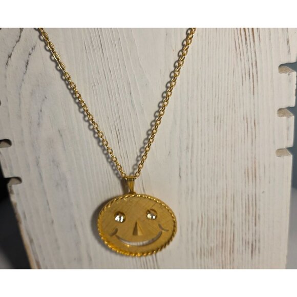 Vtg Gold-Tone Smiley Face Pendant Necklace brooch Rhinestone Eyes statement - Picture 2 of 6